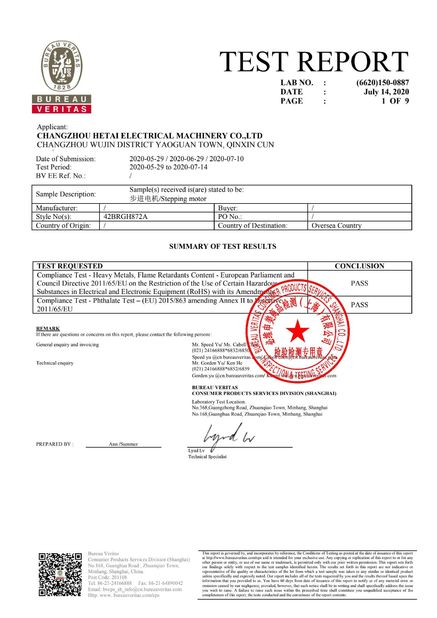 China Changzhou Hetai Motor And Electric Appliance Co., Ltd. certificaciones